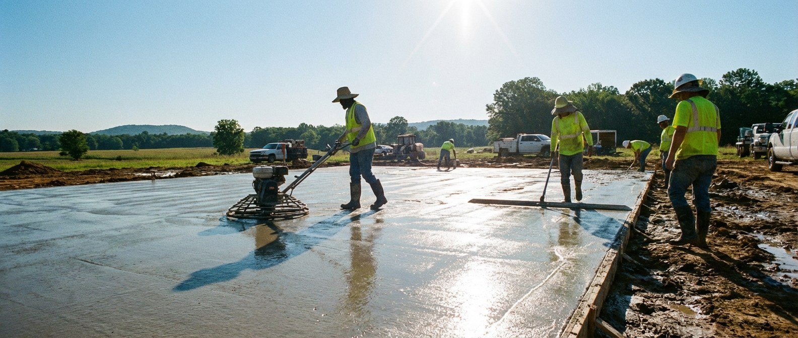 Santiz Concrete Finishing crew power troweling a fresh concrete slab in the South Carolina Upstate