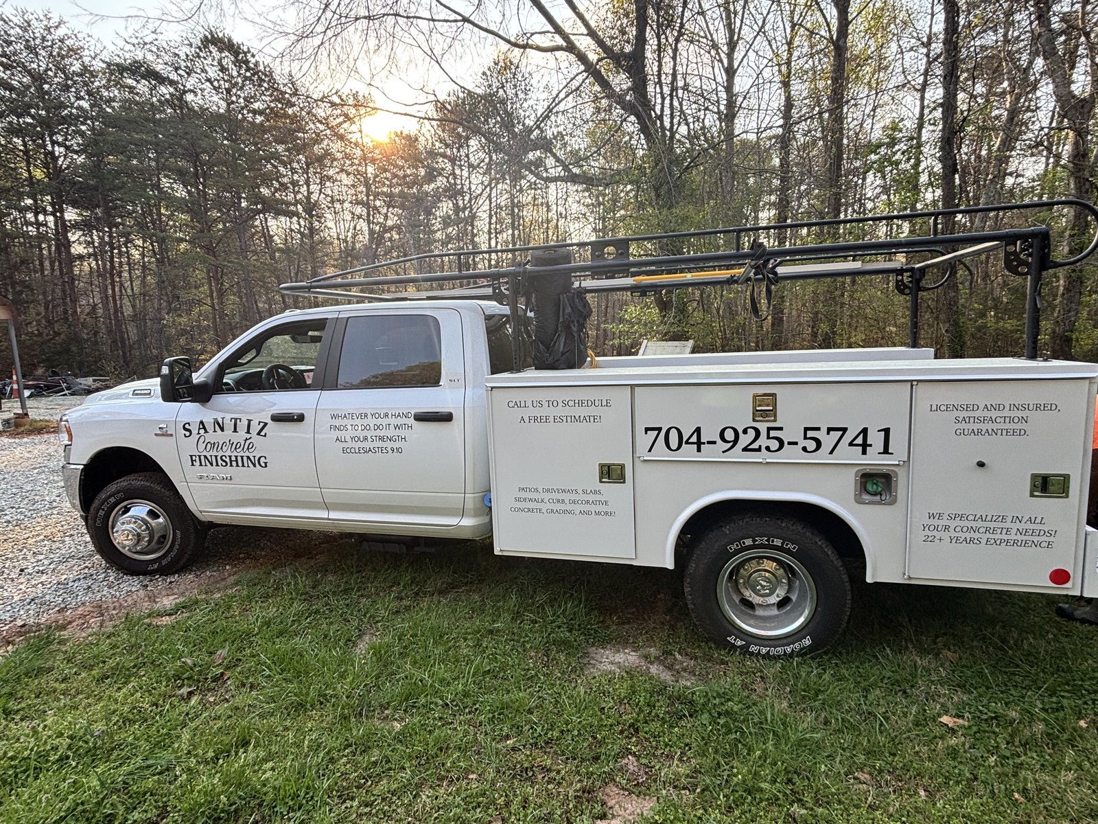 Santiz Concrete Finishing work truck serving Gastonia NC and Spartanburg SC